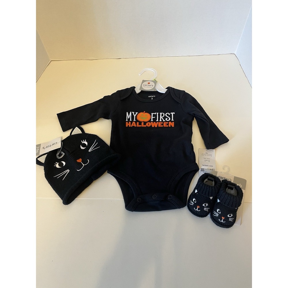 Carters "My First Halloween" 3 Pc‎ Bodysuit Cat Hat Booties 3 Mnths NWT